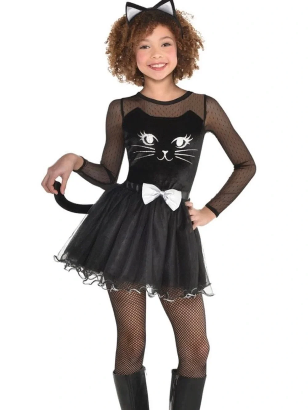 Girls' Black Cat Tutu Costume Dress with White Bow